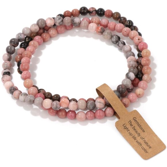 3 PCS 4mm Pink Zebra Healing Natural Stone Beaded Stretch Bracelet for Gifts - Picture 1 of 6
